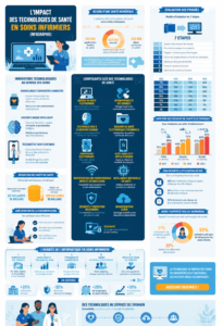 Infographie sur l'impact des technologies de santé en soins infirmiers, montrant des outils modernes utilisés par les infirmières.