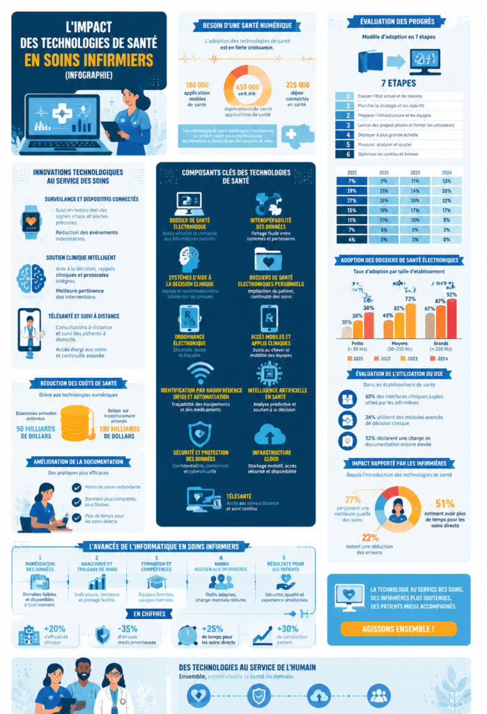 Infographie sur l'impact des technologies de santé en soins infirmiers, montrant des outils modernes utilisés par les infirmières.