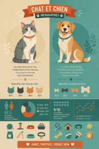 Infographie sur les chats et chiens, présentant des faits et conseils pratiques.