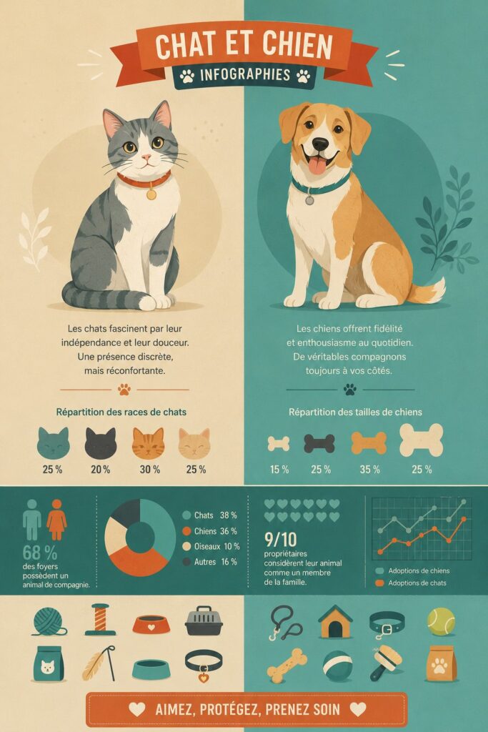 Infographie sur les chats et chiens, présentant des faits et conseils pratiques.