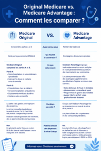 Comparaison entre Medicare original et Medicare Advantage avec icônes explicatives