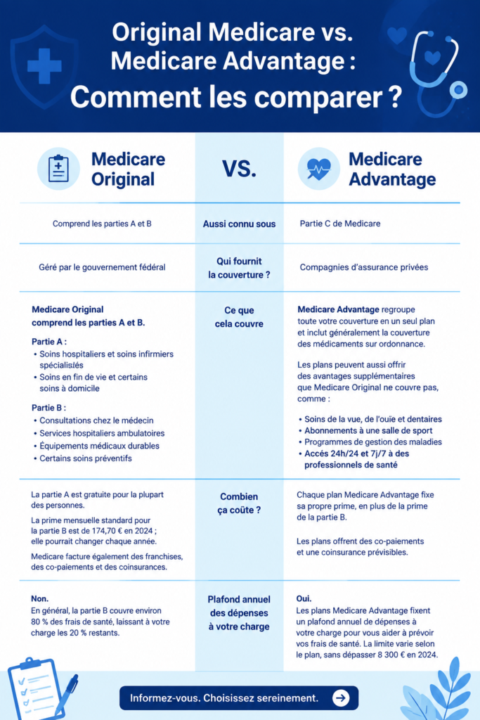 Comparaison entre Medicare original et Medicare Advantage avec icônes explicatives