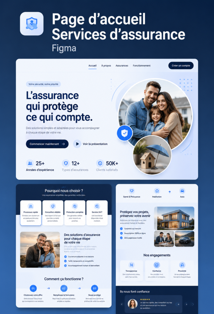 Modèle de landing page pour services d'assurance avec un design professionnel et accueillant.