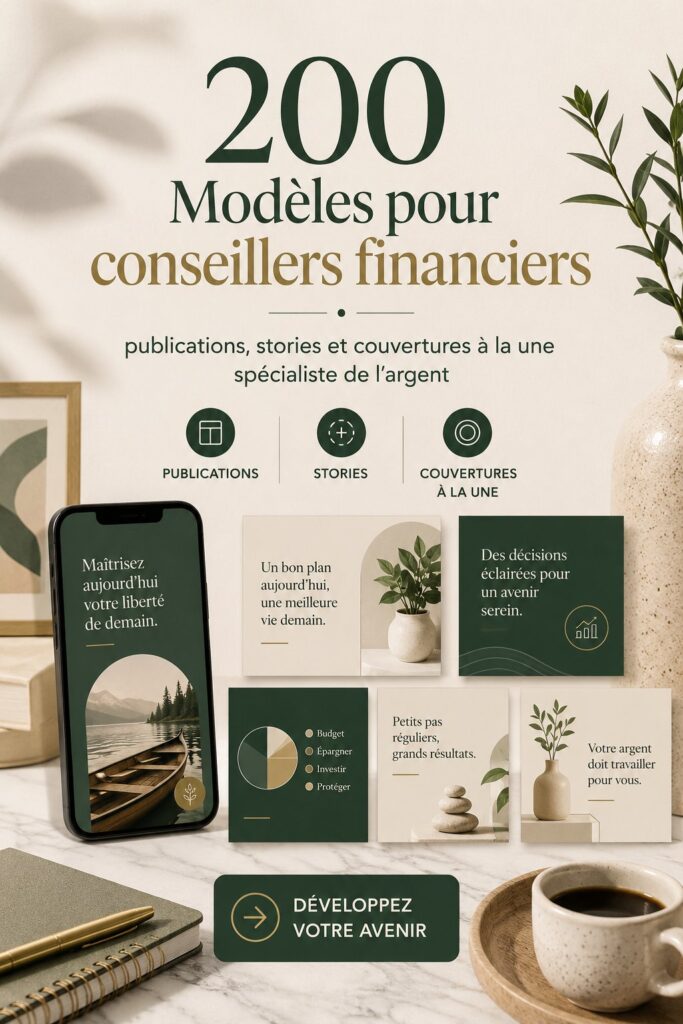 Exemples de modèles visuels pour conseillers financiers sur les réseaux sociaux.