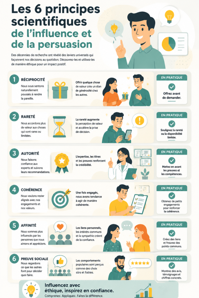 Image illustrant les principes de l'influence avec des éléments de communication