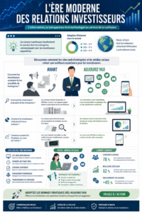 Infographie sur les relations investisseurs à l'ère moderne, mettant en évidence les tendances et stratégies clés.