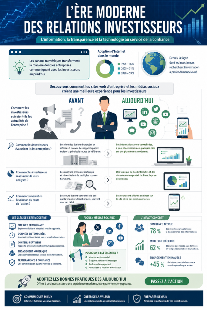 Infographie sur les relations investisseurs à l'ère moderne, mettant en évidence les tendances et stratégies clés.