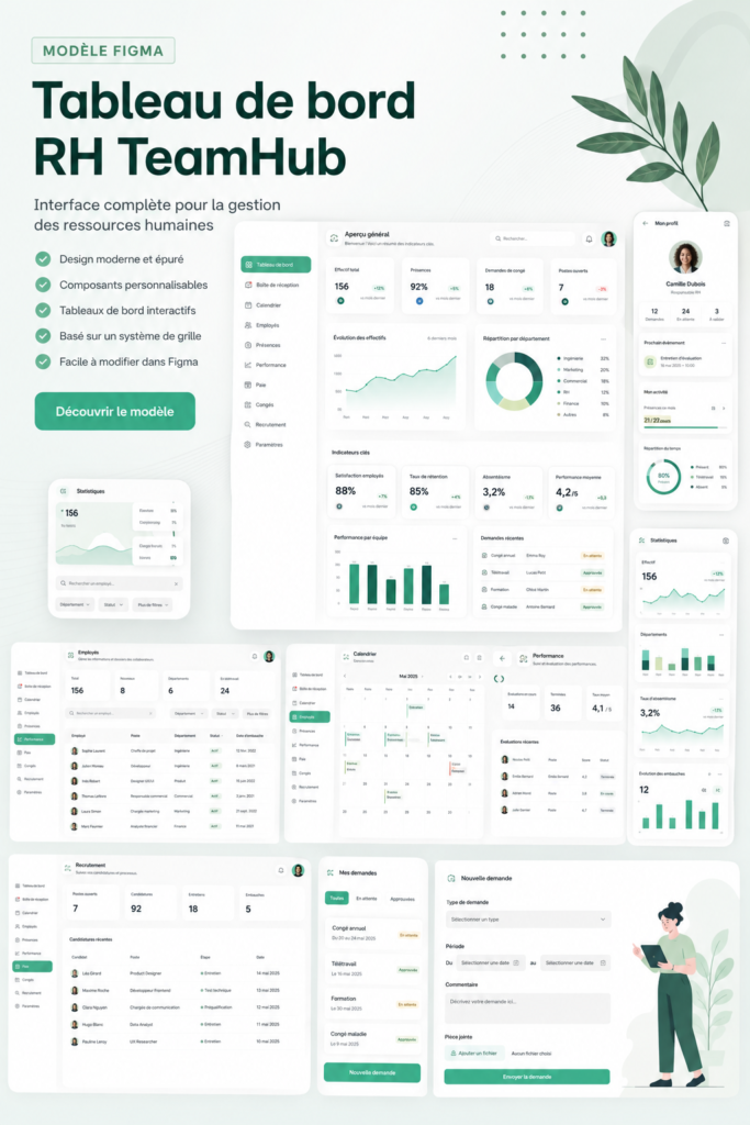 Vue du tableau de bord RH TeamHub sur un écran d'ordinateur, montrant des graphiques de performance.