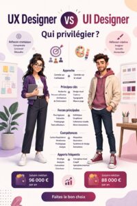 Comparaison entre Designers UX et UI illustrée de manière pédagogique.