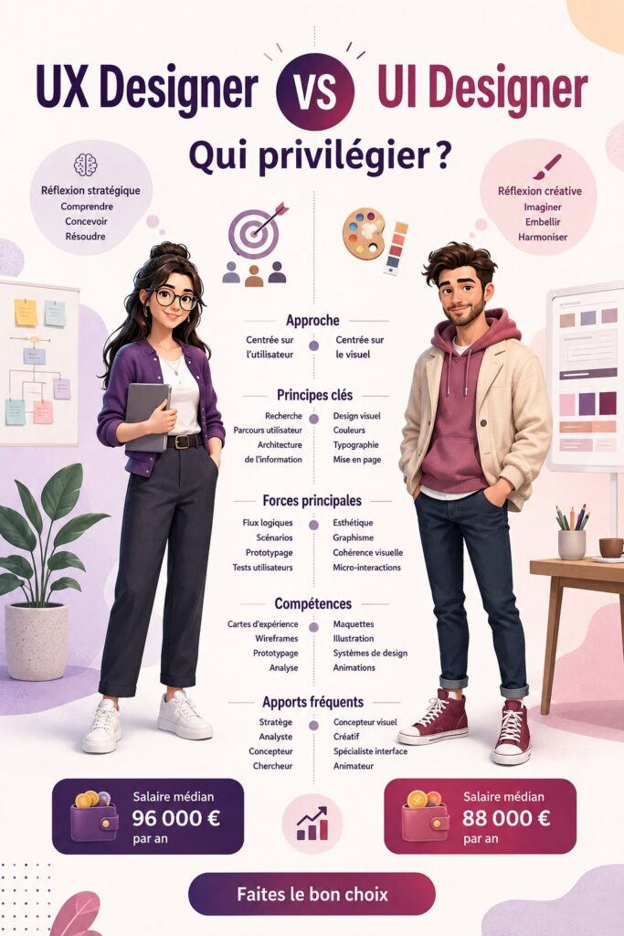 Comparaison entre Designers UX et UI illustrée de manière pédagogique.