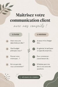 Image d'une femme dans un bureau en train de discuter avec un client, illustrant une communication efficace.