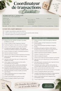 Image illustrant une checklist de coordination de transactions sur un bureau avec des documents et un ordinateur.
