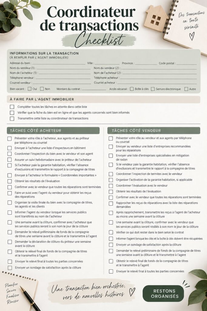 Image illustrant une checklist de coordination de transactions sur un bureau avec des documents et un ordinateur.