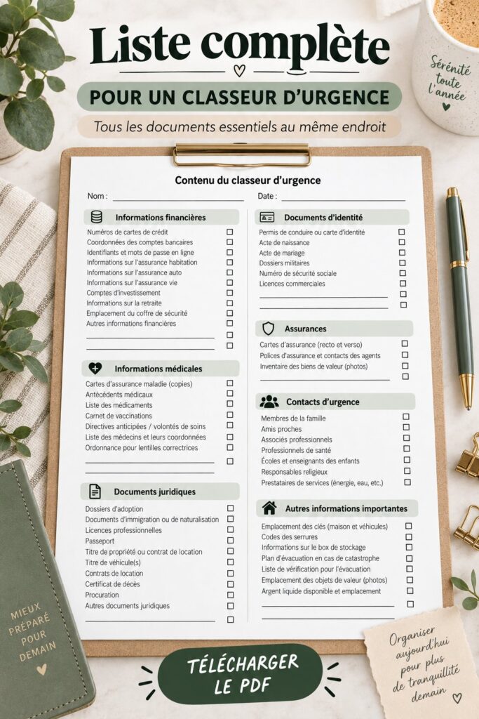 Photo d'un classeur d'urgence bien organisé avec des documents essentiels