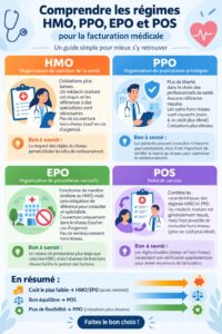 Une femme examine des documents sur les plans de santé HMO, PPO, EPO et POS