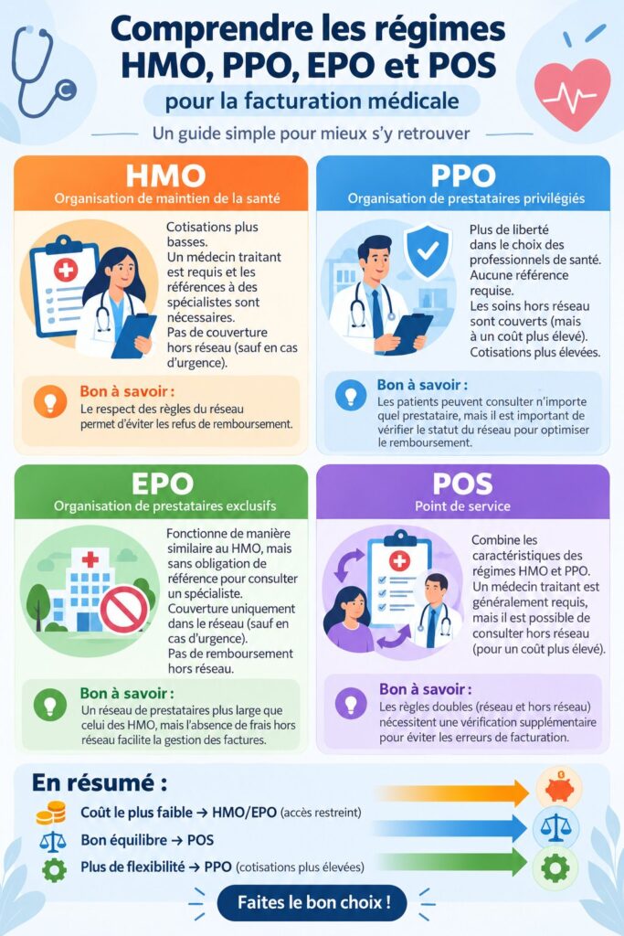 Une femme examine des documents sur les plans de santé HMO, PPO, EPO et POS