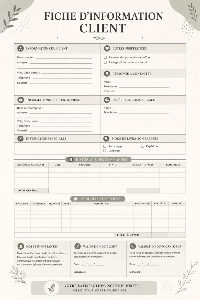 Fiche client bien conçue avec des informations importantes pour les entreprises