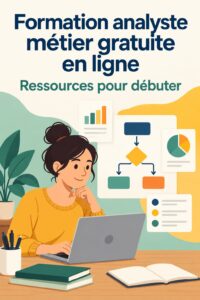 Femme assise devant un ordinateur portable, apprenant en ligne pour devenir analyste d'entreprise.