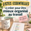 Une femme souriante planifiant son travail avec des listes organisées sur un bureau.