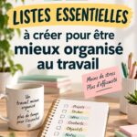 Une femme souriante planifiant son travail avec des listes organisées sur un bureau.