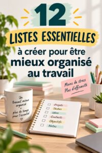 Une femme souriante planifiant son travail avec des listes organisées sur un bureau.
