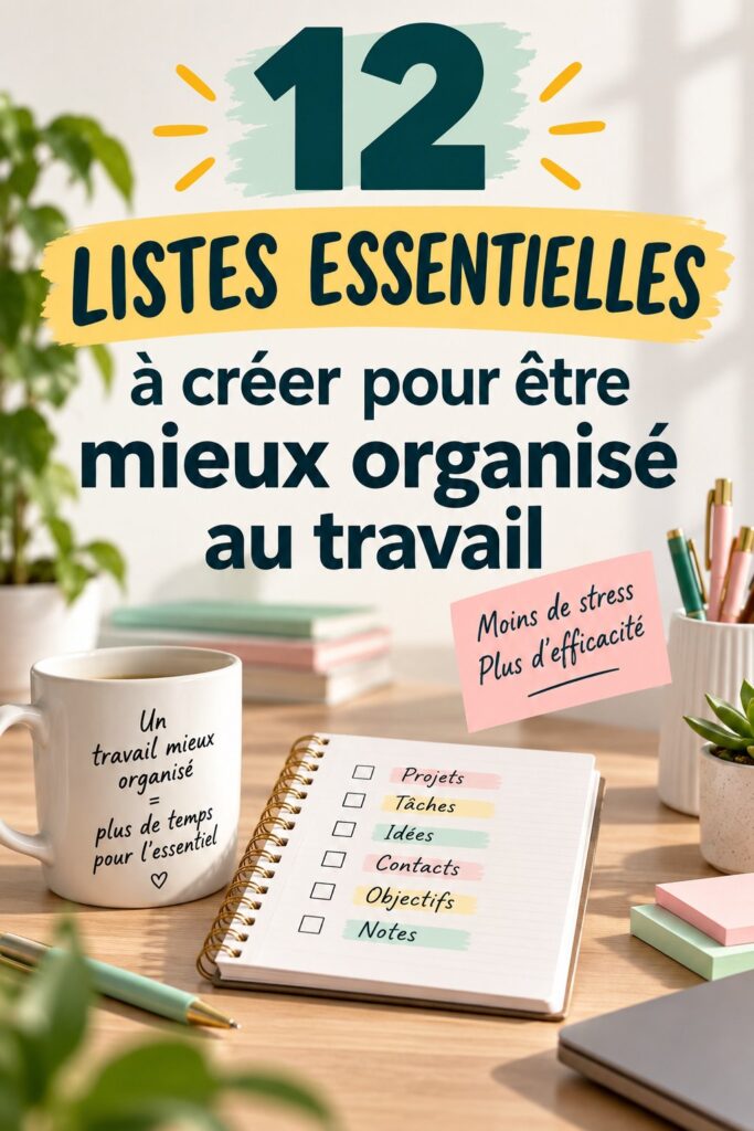 Une femme souriante planifiant son travail avec des listes organisées sur un bureau.