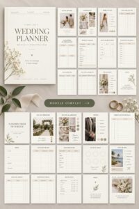 Modèle de planification de mariage avec des sections colorées et organisées.