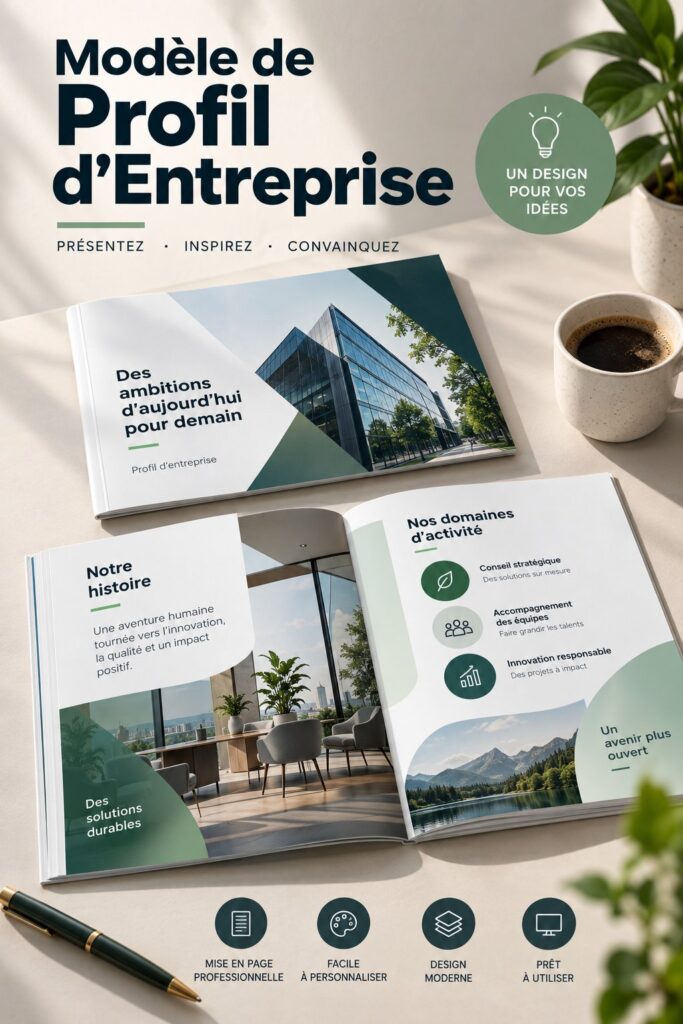 Modèle de profil d'entreprise présenté sur un ordinateur avec des éléments visuels et textes attrayants.