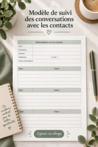 Modèle de log de suivi des contacts pour les échanges professionnels.