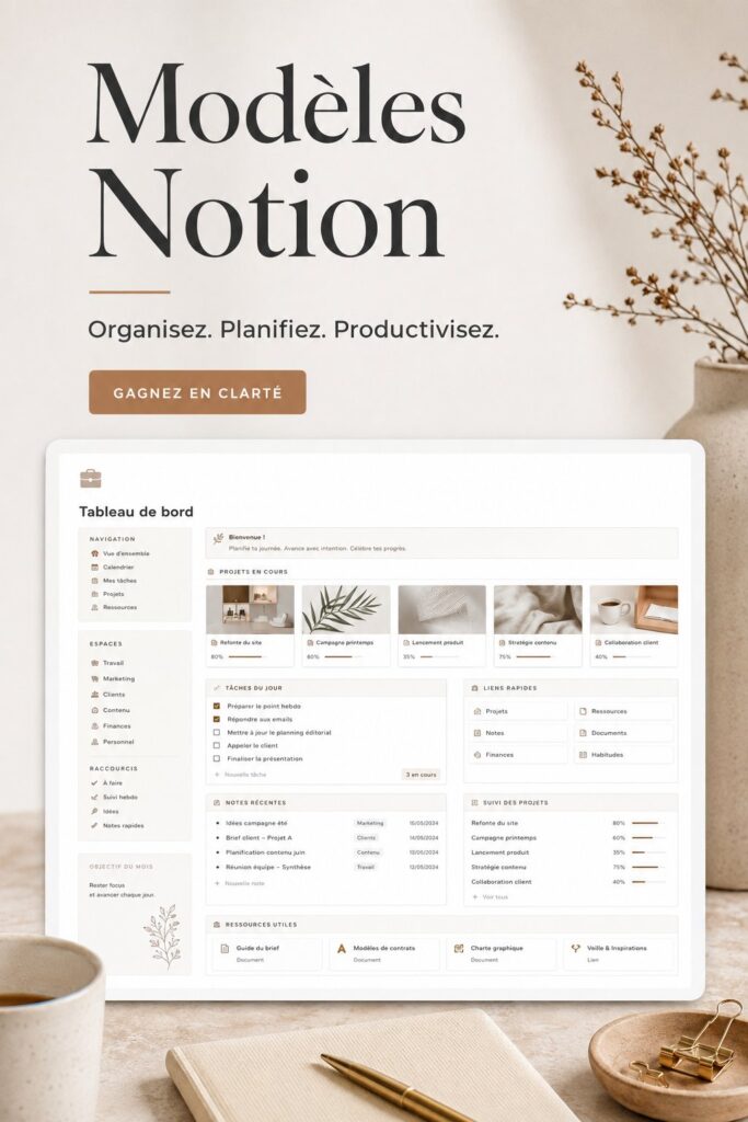 Modèles Notion sur un écran d'ordinateur, illustrant des outils d'organisation.