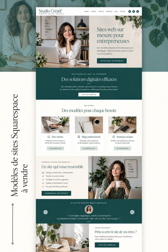 Capture d'écran d'un site web professionnel conçu avec un modèle Squarespace.