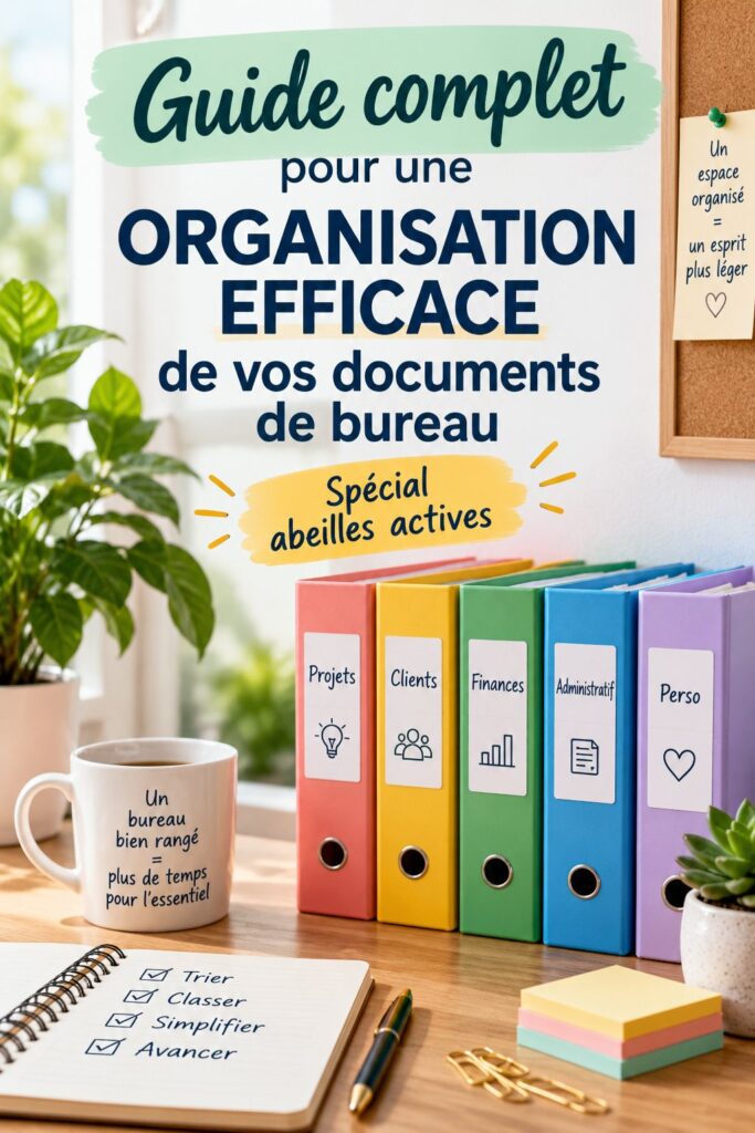 Une femme organisée travaillant dans un bureau propre avec des documents bien classés.