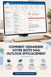 Capture d'écran d'une boîte mail Outlook bien organisée avec différentes catégories et sous-dossiers.