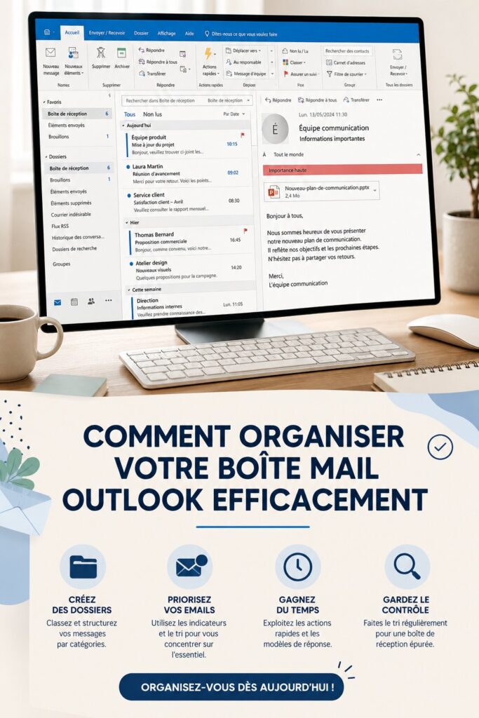 Capture d'écran d'une boîte mail Outlook bien organisée avec différentes catégories et sous-dossiers.