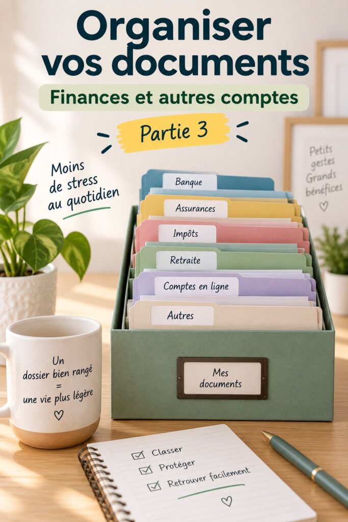 Femme tranchant des papiers importants sur un bureau organisé avec des fichiers classés.