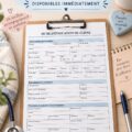 Différents outils de gestion de maison sur une table, incluant des formulaires et des calendriers.