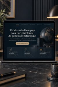 Capture d'écran d'un site web dédié à la gestion de patrimoine avec un design moderne et accueillant.