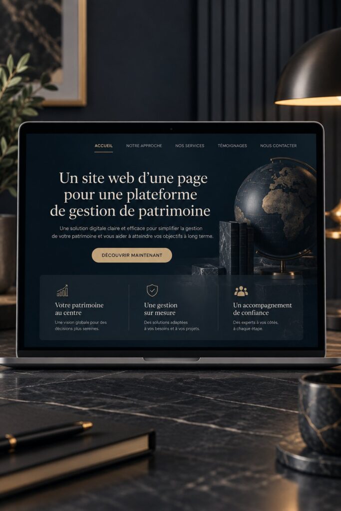 Capture d'écran d'un site web dédié à la gestion de patrimoine avec un design moderne et accueillant.