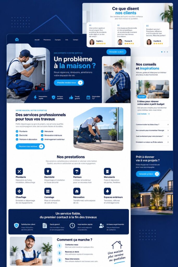 Un écran d'ordinateur montrant un design de site web pour un service de réparation