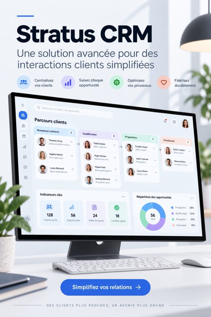 Capture d'écran de l'interface utilisateur de Stratus CRM montrant un tableau de bord d'interactions clients.