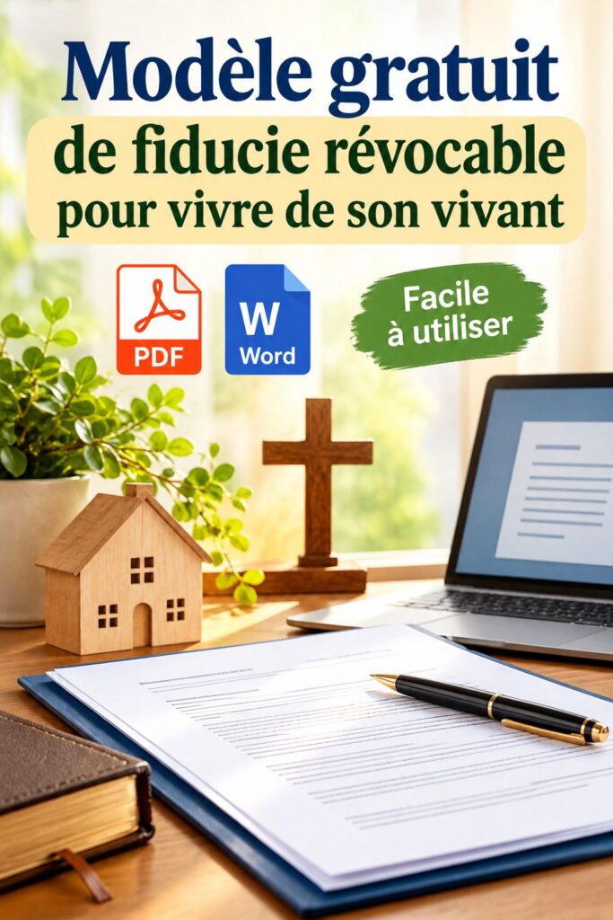 Illustration d'un document de trust révocable avec une calculatrice et des pièces de monnaie, symbole de gestion de patrimoine.