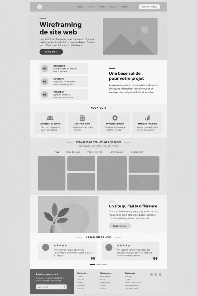 Un exemple de wireframe de site web, illustrant la structure de la page.