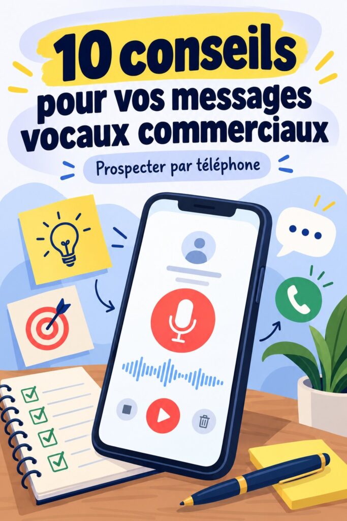 Un téléphone portable sur un bureau, avec une note sur les messages vocaux de prospection.
