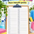 Une checklist de nettoyage de 50 points sur un fond de maison bien rangée.