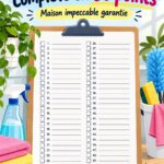 Une checklist de nettoyage de 50 points sur un fond de maison bien rangée.
