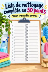 Une checklist de nettoyage de 50 points sur un fond de maison bien rangée.