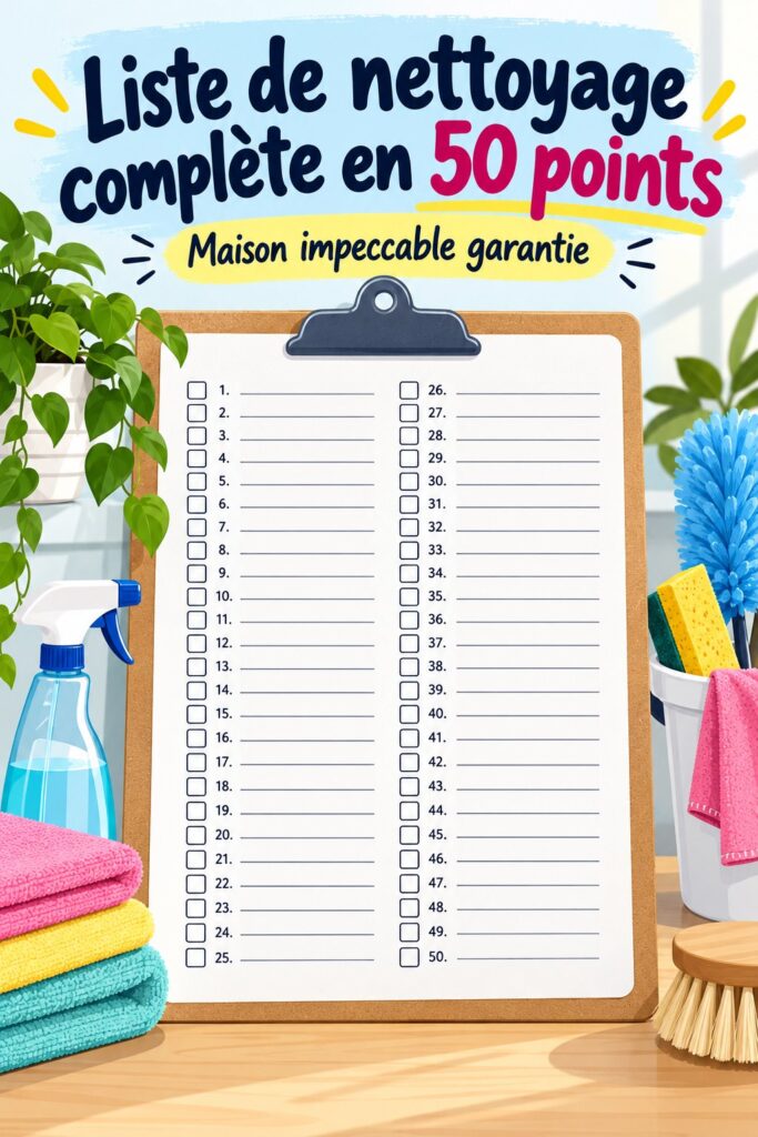 Une checklist de nettoyage de 50 points sur un fond de maison bien rangée.