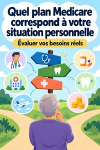 Une femme réfléchissant à son choix de plan Medicare, entourée de brochures d'assurance santé.