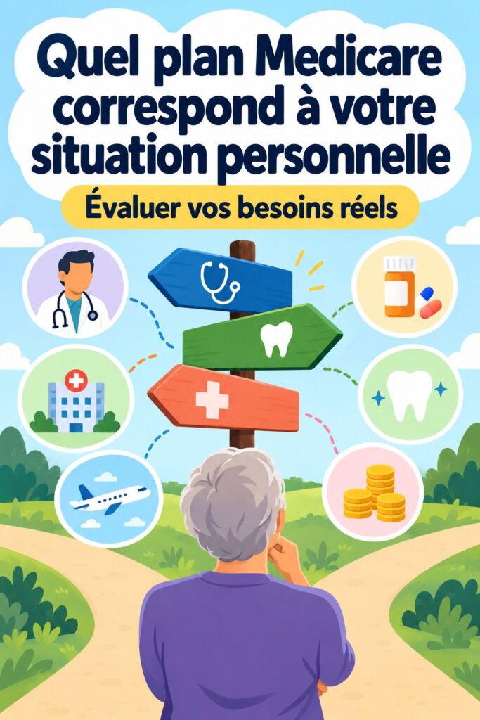 Une femme réfléchissant à son choix de plan Medicare, entourée de brochures d'assurance santé.