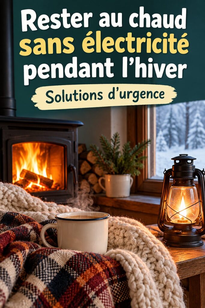 Image d'une maison cosy en hiver, illuminée par des bougies, sans électricité.